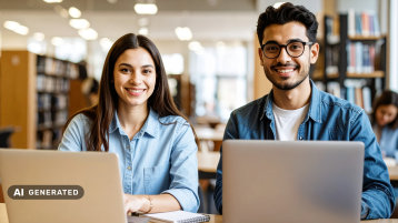 Zwei Personen sitzen in einer Bibliothek an ihren Laptops (Bild: Hochschulbibliothek / KI-generiert)