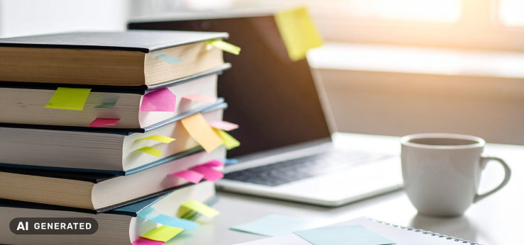 Ein Stapel Bücher und ein Laptop in direkter Nähe (Bild: Hochschulbibliothek / KI-generiert)