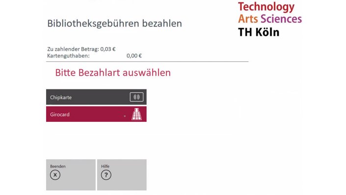 Displayanzeige Kassenautomat: Überblick über offenen Betrag, MultiCa-Guthaben und der Auswahl der Bezahlmethode. 