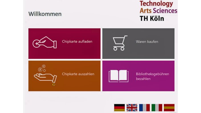 Displayanzeige Kassenautomat: Startbildschirm mit vier verschiedenen Aktionsmöglichkeiten und der Sprachauswahl