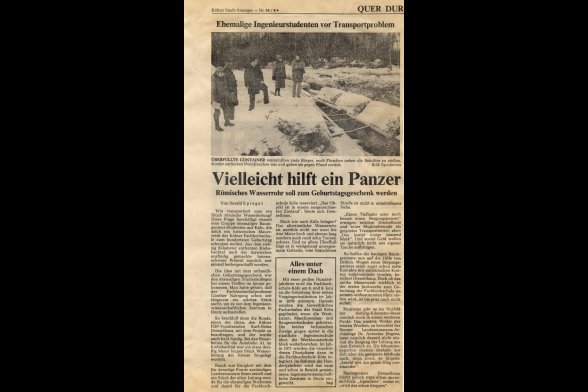 Hier sieht man einen Zeitungsartikel zum Transport der römischen Wasserleitung aus dem Jahr 1979..