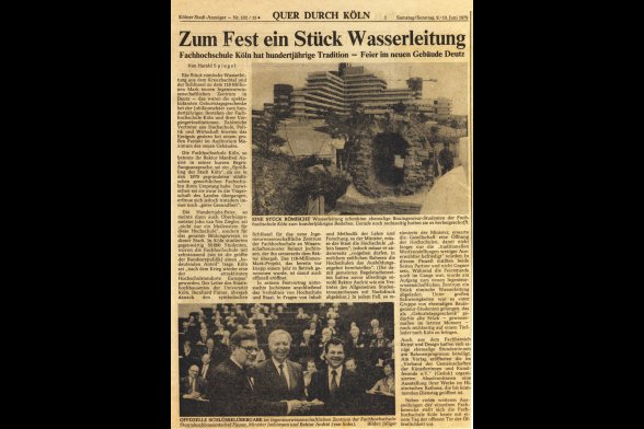 Hier sieht man einen Zeitungsartikel aus dem Jahr 1979 zum 100jährigen Bestehen der FH Köln und deren Vorgängerinstitutionen