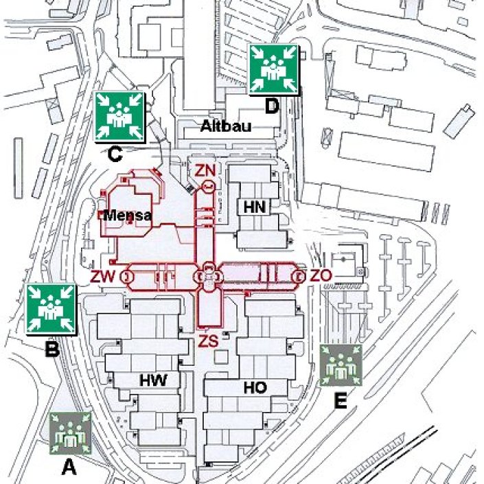 Sammelstellen für das Gebäude Hochhaus / Zentralbau am Campus Deutz