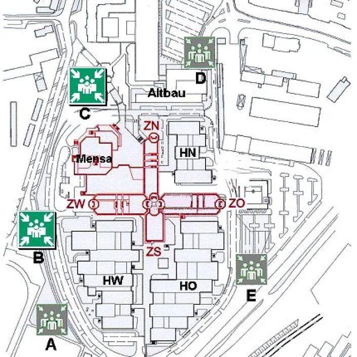 Sammelstellen für den Gebäudeteil Mensa und Z-Bereich am Campus Deutz