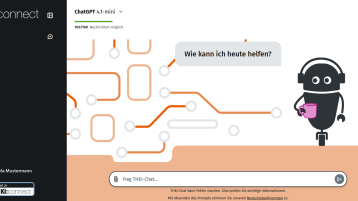 Interface des THKI Chat. Links ein Block mit KI:connect Logo, Profil Button "Manuela Mustermann" und einem Button für "Neuer Chat". Rechts das Chat-Interface, Oben die Version "ChatGPT 4.1.-mini" , mit einer Textbox unten: "Frag THKI-Chat...". Mittig ein Roboter Icon mit Sprechblase: "Wie kann ich heute helfen?"