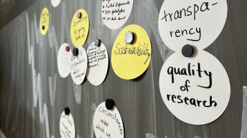 Nahaufnahme runder beschrifteter Post-its, die mit Magneten an einer Tafel befestigt sind (Bild: TH Köln)