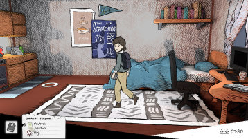 Das Bild zeigt Sam, die Hauptperson von Beyond the Chalkboard, in einer Einzimmerwohnung. Sam läuft mit einem traurigen Gesichtsausdruck an den linken Bildrand. Sam ist laut Indikator des Spieles gestresst. (Bild: ZLE TH Köln, Kosan Aziz)