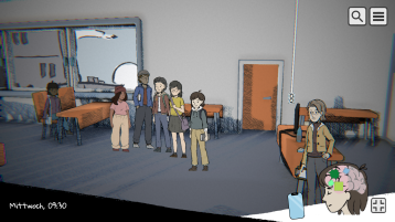 Bildschirmfoto Beyond the Chalkboard: Spielfigur Sam steht gemeinsam mit Kommiliton*innen im Seminarraum. Vorne am Pult steht eine Lehrperson.    Das Spiel ist mit schraffierten Schatten gezeichnet. Unten rechts befinden sich die Steuerelemente Handy und die Gedankenwelt in Form von Sams Kopf im Profil, in dem verschiedene geometrische Formen sind. (Image: ZLE, TH Köln)