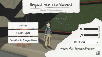 Das Bild zeigt den Startbildschirm des Serious Games  Beyond the Chalkboard (Bild: ZLE, TH Köln)
