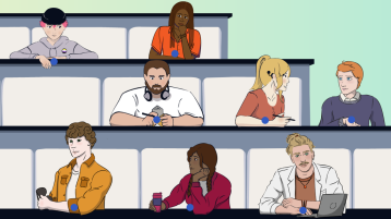 Zu sehen ist eine 2D Visualisierung von Studierende mit unterschiedlichen Beeinträchtigungen und Herausforderungen, welche in einem Hörsaal sitzen. Einige Studierenden haben ein Hörgerät, eine Sonnenbrille oder Kopfhörer, andere einen Laptop oder Stifte. (Bild: Barrierefreies BlindDate)