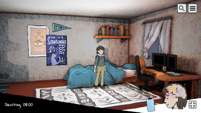 Screenshot from Beyond the Chalkboard: The protagonist Sam is standing in a bedroom. There’s an unmade bed and a desk with two monitors and a book on it. There is a window behind the desk and bed. Posters hang on the wall. The game’s art is drawn with hatched shadows. In the bottom right corner are the control elements: a mobile phone and Sam’s mind space shaped like Sam’s head in profile containing various geometric shapes.