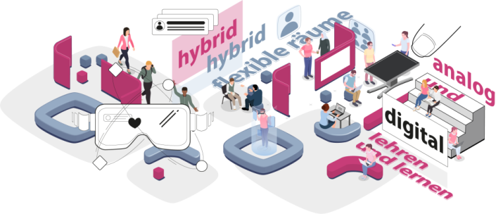 Illustrative Grafik, es sind mehrere Personen in einem hybriden Raum zu sehen der virtuelles, digitales und analoges vereint.
