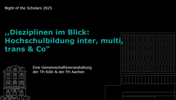 Screenshot einer Präsentation. Titel: Disziplinen im Blick: Hochschulbildung inter, multi, trans & Co.“ Untertitel: Eine Gemeinschaftsveranstaltung der TH Köln und der FH Aachen
