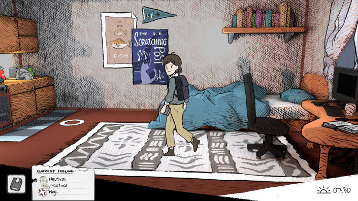 Das Bild zeigt Sam, die Hauptperson von Beyond the Chalkboard, in einer Einzimmerwohnung. Sam läuft mit einem traurigen Gesichtsausdruck an den linken Bildrand. Sam ist laut Indikator des Spieles gestresst. Das Bild zeigt Sam, die Hauptperson von Beyond the Chalkboard, in einer Einzimmerwohnung. Sam läuft mit einem traurigen Gesichtsausdruck an den linken Bildrand. Sam ist laut Indikator des Spieles gestresst.