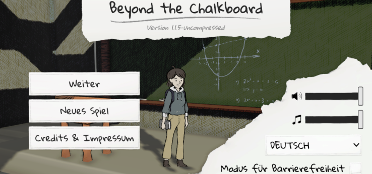 Das Bild zeigt den Startbildschirm des Serious Games  Beyond the Chalkboard (Bild: ZLE, TH Köln)
