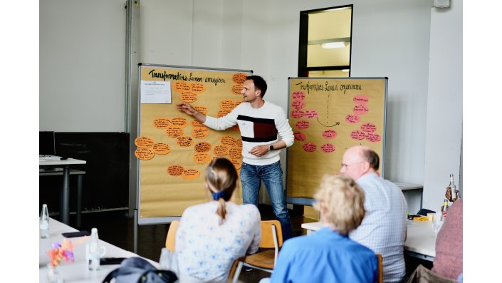 Heiko Schiffter-Weinle steht zwischen zwei beigen Stellwänden. Rechts steht darauf ,,Transformatives Lernen arrangieren“ und darunter sind orange ellipsenförmige Zettel. Links steht ,,transformatives Lernen organisieren“ und darunter sind ellipsenförmige rosa Zettel. Vor ihm sitzen drei Menschen auf Stühlen. 