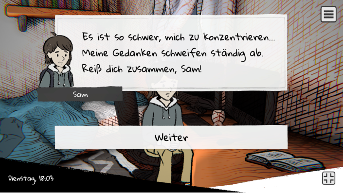 Bildschirmfoto Beyond the Chalkboard: Spielfigur Sam sitzt am Schreibtisch. Über dem Bild liegt ein Dialogfenster mit Sams Gedanken: “Es ist so schwer, mich zu konzentrieren ... Meine Gedanken schweifen ständig ab. Reiß dich zusammen, Sam!”   Das Spiel ist mit schraffierten Schatten gezeichnet. Unten rechts befinden sich die Steuerelemente Handy und die Gedankenwelt in Form von Sams Kopf im Profil, in dem verschiedene geometrische Formen sind. 