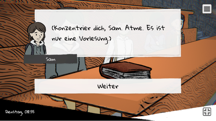 Bildschirmfoto Beyond the Chalkboard: Spielfigur Sam sitzt an einem Tisch im Vorlesungssaal. Über dem Bild liegt ein Dialogfenster mit Sams Gedanken: “(Konzentrier dich, Sam. Atme. Es ist nur eine Vorlesung.)”   Das Spiel ist mit schraffierten Schatten gezeichnet. Unten rechts befinden sich die Steuerelemente Handy und die Gedankenwelt in Form von Sams Kopf im Profil, in dem verschiedene geometrische Formen sind. 