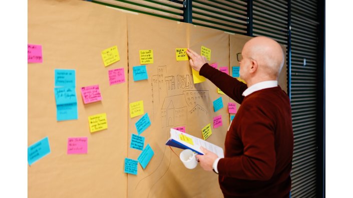 Herr Jörg Luderich steht vor der sandfarbenen Leinwand auf der gelb, rosa und hellblaue Post-Its hängen und er klebt ein gelbes mit schwarzer Schrift.