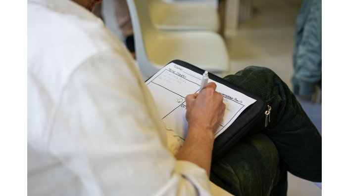 Eine teilnehmende Person in einem weißen Hemd sitzt und füllt einen Steckbrief aus.   