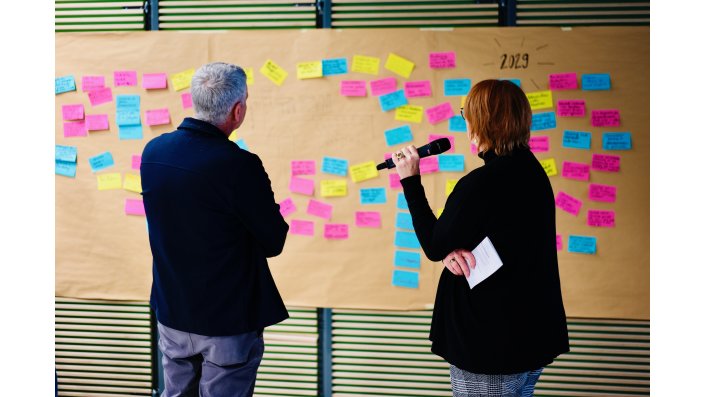 Prof. Dr. Axel Faßbender und Dr. Birgit Szczyrba stehen vor der Leinwand mit den blauen, gelben und rosa Post-its. Dr. Birgit Szczyrba hält ein schwarzes Mikrofon in der Hand. 