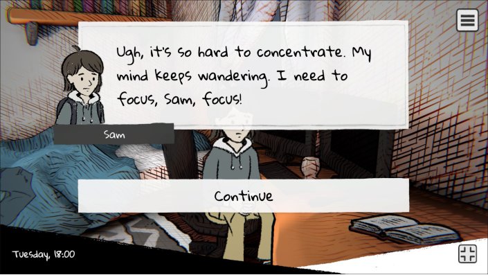 Screenshot Beyond the Chalkboard: Sam sits at the desk. A dialogue window shows: "Ugh, it’s so hard to concentrate. My mind keeps wandering. I need to focus, Sam, focus!”