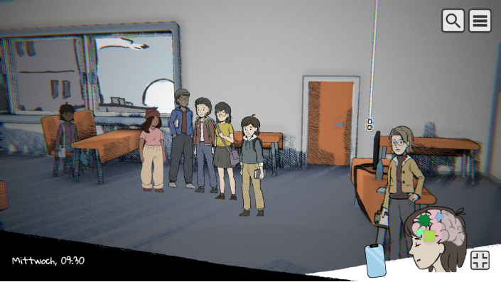 Screenshot Beyond the Chalkboard: The character Sam is standing in a seminar room with fellow students. A teacher is standing at the front of the room at the desk. The game is drawn with hatched shading. In the lower right corner are the control elements: A cell phone and Sam’s inner world, depicted as Sam’s head in profile, containing various geometric shapes.
