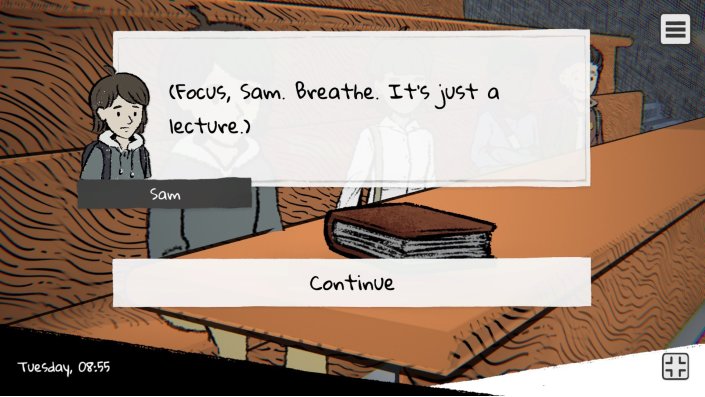 Screenshot Beyond the Chalkboard: Sam sits at a table in the lecture hall. A dialogue window shows Sam’s thoughts: "(Focus, Sam. Breathe. It’s just a lecture.)"  