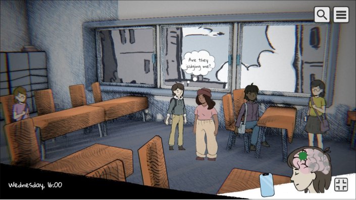 Screenshot Beyond the Chalkboard: In the seminar room, Sam is surrounded by some classmates. Above Sam is a thought bubble: "Are they judging me?" 