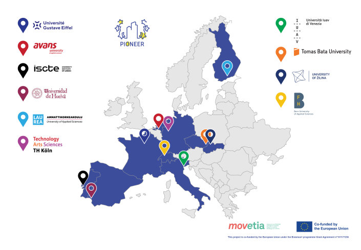 Karte von Europa auf der die Standorte der zehn PIONEER Hochschulen eingezeichnet sind. Karte von Europa auf der die Standorte der zehn PIONEER Hochschulen eingezeichnet sind.