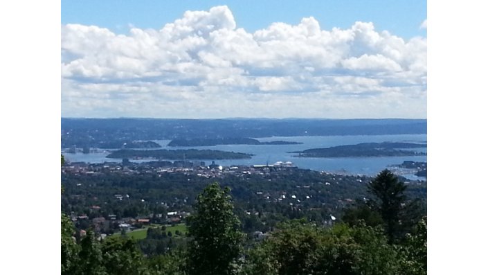 Landschaftlicher Blick auf den Oslo Fjord mit seinen Gewässern und Wäldern