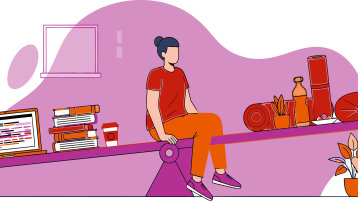 im Comic-Stil gezeichnet. Eine Person sitzt in der Mitte auf einer Wippe. Links sieht man einen offenen Laptoop, viele Bücher und einen Kaffeebecher, rechts sieht man eine Yogamatte, Plfanzen, eine Wasserflasche, ein Kissen und was zu essen. Die Wippe ist mehr nach links geneigt. Alles ist in den TH Farben lila, rot und orange eingefärbt.  (Bild: Adobe Stock / Sarmad Ahmad)