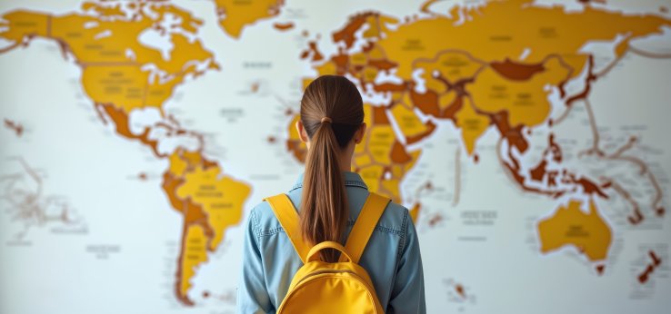 Eine Frau mit gelbem Rucksack steht vor einer gelb eingefärbten Weltkarte.  (Bild: Adobe Stock / miss irine)