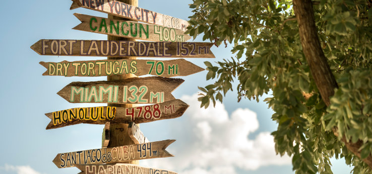 Man sieht einen Wegweiser, der in ganz verschiedene Richtungen unterschiedliche internationale Städte mit Kilometerangabe ausweist.  (Bild: Adobe Stock / Cavan)