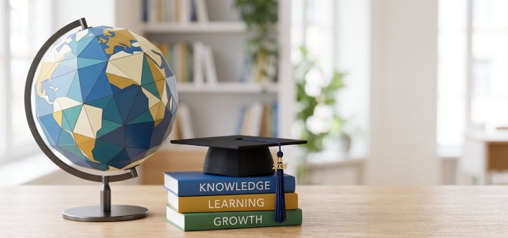 Schematischer Globus mit danebenliegenden Büchern und Studienmütze (Bild: AdobeStock_2126363902_Chrish)