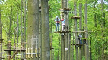 Studierende klettern im Hochseilgarten (Bild: Karibu / TH Köln) Studierende klettern im Hochseilgarten (Bild: Karibu / TH Köln)