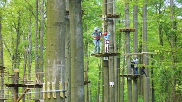 Studierende klettern im Hochseilgarten (Bild: Karibu / TH Köln)