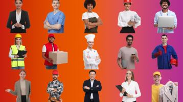 Menschen in verschiedenen Berufskleidungen vor einem Hintergrund in den TH Köln Farben. (Bild: Adobe Stock / New Africa) Menschen in verschiedenen Berufskleidungen vor einem Hintergrund in den TH Köln Farben. (Bild: Adobe Stock / New Africa)