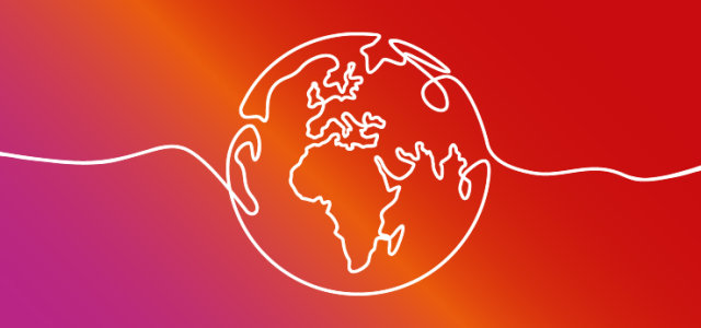Das Bild hat einen Farbverlauf in den Farben der TH Köln (lila, orange, rot) als Hintergrund. Im Vordergrund geht eine weiße Linie in der MItte des Bildes von links nach rechts über das Bild. In der Mitte ergibt sich aus der Linie eine Weltkugel. (Bild:stock.adobe.com_EVGENIY)
