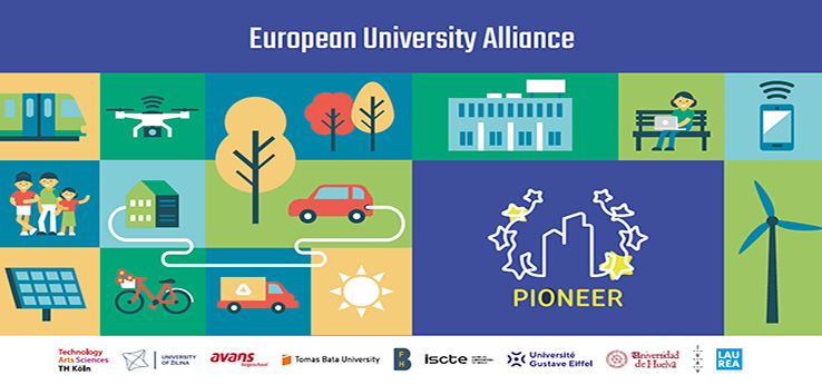 Oben mittig steht in weißer Schrift auf blauem Untergrund: European University Alliance. Unten sind die zehn Logos der Partnerhochschulen abgebildet. Dazwischen ist ein buntes Bild, bestehend aus dem PIONEER Logo und Piktogrammen, die eine nachhaltige Zukunft repräsentieren sollen: ein Windrad, eine Sonne, Bäume, eine lächelnde und winkende Familie, ein E-Auto, ein Fahrrad und ähnliches.  (Bild: Tomas Bata University in Zlin, Tschechische Republik)