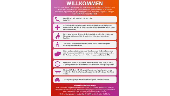 Willkommensschild mit Nutzungshinweisen für die Ruheräume