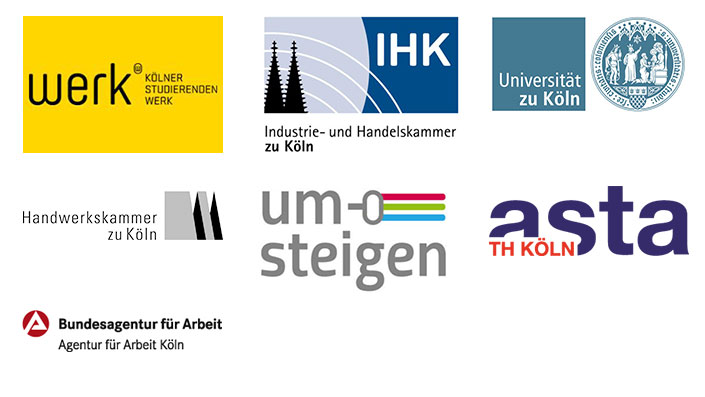 Logos der Veranstalter: AStA TH Köln, Agentur für Arbeit Köln, Handwerkskammer zu Köln, IHK Köln, umsteigen, Universität zu Köln, Kölner Studierendenwerk Logos der Veranstalter: AStA TH Köln, Agentur für Arbeit Köln, Handwerkskammer zu Köln, IHK Köln, umsteigen, Universität zu Köln, Kölner Studierendenwerk