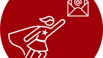 Das Logo des Newsflash StartUpLab@TH Köln zeigt eine Superheldin und eine E-Mail als Piktogramme auf rotem Grund. (Bild: Patrick Schwarz)