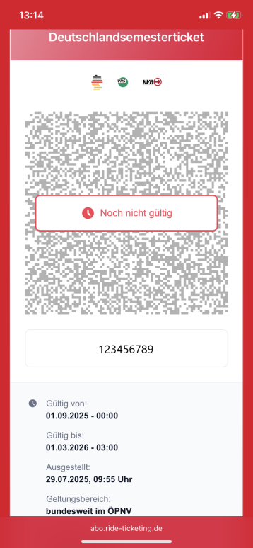 Screenshot eines Deutschlandtickets mit QR-Code mit dem Hinwei "noch nicht gültig" Screenshot eines Deutschlandtickets mit QR-Code mit dem Hinwei "noch nicht gültig"