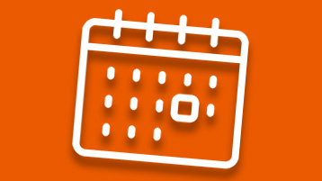 Die Kachel zeigt vor orangem Hintergrund ein weißes, mit einem Schatten unterlegtes Piktogramm, das die Events des Schreibzentrums symbolisiert. (Bild: Happy Art/AdobeStock.com)