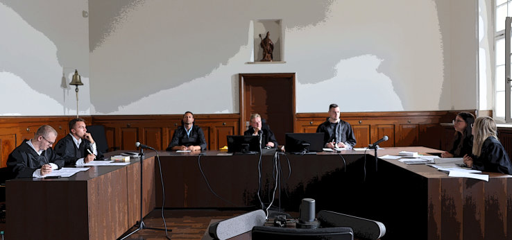 Darstellung im Comic Stil eines Moot Courts  (Bild: Akademie für wissenschaftliche Weiterbildung)