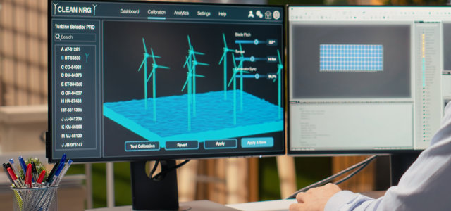 Nahaufnahme eines Bildschirms mit Simulation eines Windparks (Bild:Adobe Stock/DC Studio)