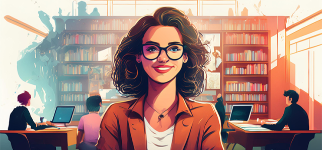 Eine fröhliche Frau in einer Bibliothek (Bild:ZBIW, KI-generiert mit Adobe Firefly)