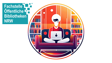 Illustration: Person in TH Farben in einem Kreis auf einem Sofa in einer Bibliothek (Bild: ZBIW, KI-generiert mit Adobe Firefly)