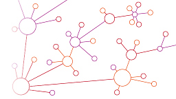 Grafische Analogie zum Thema Social Media: Feine Linien in den Hochschulfarben Rot, Orange & Violett symbolisieren Vernetzung.. (Bild: TH Köln)